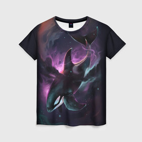 Женская футболка 3D с принтом касатка в Курске, 100% полиэфир ( синтетическое хлопкоподобное полотно) | прямой крой, круглый вырез горловины, длина до линии бедер | orca | sea | sea animal | дельфин | касатка | кит | космос | море | океан | рисунок кита