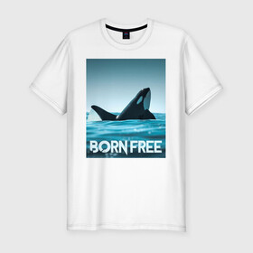 Мужская футболка хлопок Slim с принтом рожденная свободной в Курске, 92% хлопок, 8% лайкра | приталенный силуэт, круглый вырез ворота, длина до линии бедра, короткий рукав | ocean | orca | sea | sea animal | дельфин | касатка | кит | море | океан | рисунок кита