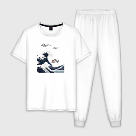 Мужская пижама хлопок с принтом Карп кои в Курске, 100% хлопок | брюки и футболка прямого кроя, без карманов, на брюках мягкая резинка на поясе и по низу штанин
 | Тематика изображения на принте: волна | карпы кои | океан | рыба | японские карпы