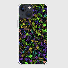 Чехол для iPhone 13 mini с принтом Neon Fish Bone в Курске,  |  | bone | deadfish | fish | fishbone | neon | дохлая | кости | кость | неон | неоновый | паттерн | рыба | рыбки | рыбы | рыбья | скелет