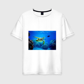 Женская футболка хлопок Oversize с принтом Морская черепаха в Курске, 100% хлопок | свободный крой, круглый ворот, спущенный рукав, длина до линии бедер
 | морская черепаха | океан | подводный мир | черепаха