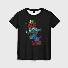 Женская футболка 3D с принтом я красотка в Курске, 100% полиэфир ( синтетическое хлопкоподобное полотно) | прямой крой, круглый вырез горловины, длина до линии бедер | зубастик | морское чудовище | рыбалка | рыбёха | рыбка | рыболов | я красотка