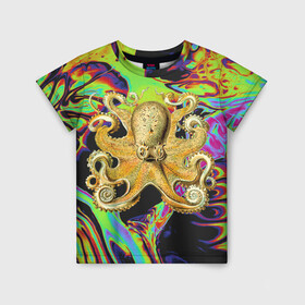 Детская футболка 3D с принтом Octopus Ink в Курске, 100% гипоаллергенный полиэфир | прямой крой, круглый вырез горловины, длина до линии бедер, чуть спущенное плечо, ткань немного тянется | abstraction | acid | kraken | ocean | octopus | sea | море | осьминог