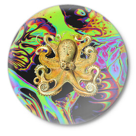 Значок с принтом Octopus Ink в Курске,  металл | круглая форма, металлическая застежка в виде булавки | Тематика изображения на принте: abstraction | acid | kraken | ocean | octopus | sea | море | осьминог