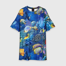 Детское платье 3D с принтом Коралловые рыбки в Курске, 100% полиэстер | прямой силуэт, чуть расширенный к низу. Круглая горловина, на рукавах — воланы | Тематика изображения на принте: дно морское | коралловые | кораллы | море | подводный мир | рыбки