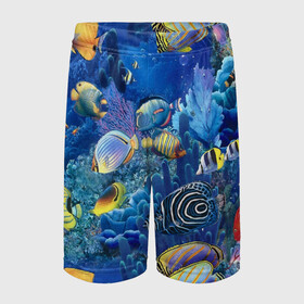 Детские спортивные шорты 3D с принтом Коралловые рыбки в Курске,  100% полиэстер
 | пояс оформлен широкой мягкой резинкой, ткань тянется
 | дно морское | коралловые | кораллы | море | подводный мир | рыбки