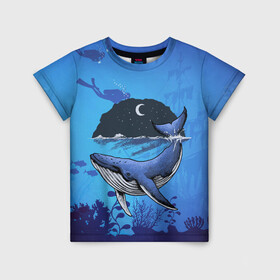 Детская футболка 3D с принтом Синий кит в Курске, 100% гипоаллергенный полиэфир | прямой крой, круглый вырез горловины, длина до линии бедер, чуть спущенное плечо, ткань немного тянется | дайверы | киты | корабль | море | океан