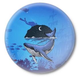 Значок с принтом Синий кит в Курске,  металл | круглая форма, металлическая застежка в виде булавки | дайверы | киты | корабль | море | океан