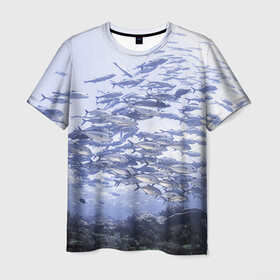 Мужская футболка 3D с принтом Косяк рыбы в Курске, 100% полиэфир | прямой крой, круглый вырез горловины, длина до линии бедер | дно морское | коралловые | кораллы | косяк рыбы | море | подводный мир | рыбки
