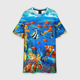 Детское платье 3D с принтом Коралловые рыбки в Курске, 100% полиэстер | прямой силуэт, чуть расширенный к низу. Круглая горловина, на рукавах — воланы | Тематика изображения на принте: дно морское | коралловые | кораллы | море | подводный мир | рыбки