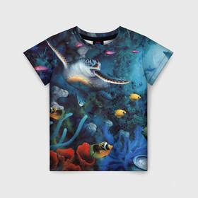 Детская футболка 3D с принтом Морская черепаха в Курске, 100% гипоаллергенный полиэфир | прямой крой, круглый вырез горловины, длина до линии бедер, чуть спущенное плечо, ткань немного тянется | коралловые | кораллы | море | морская черепаха | морские обитатели | океан | подводный мир | рыбки