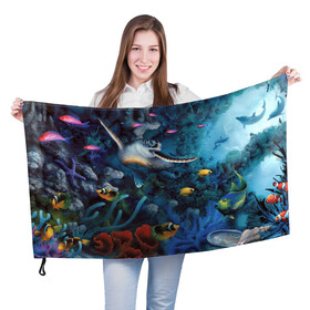 Флаг 3D с принтом Морская черепаха в Курске, 100% полиэстер | плотность ткани — 95 г/м2, размер — 67 х 109 см. Принт наносится с одной стороны | коралловые | кораллы | море | морская черепаха | морские обитатели | океан | подводный мир | рыбки