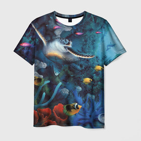 Мужская футболка 3D с принтом Морская черепаха в Курске, 100% полиэфир | прямой крой, круглый вырез горловины, длина до линии бедер | Тематика изображения на принте: коралловые | кораллы | море | морская черепаха | морские обитатели | океан | подводный мир | рыбки