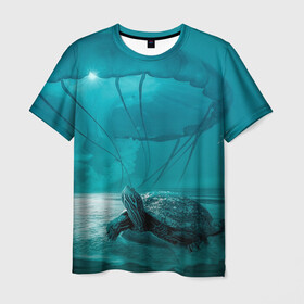 Мужская футболка 3D с принтом Медуза и черепаха в Курске, 100% полиэфир | прямой крой, круглый вырез горловины, длина до линии бедер | медуза | медуза в море | черепаха
