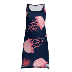 Платье-майка 3D с принтом розовые медузы в Курске, 100% полиэстер | полуприлегающий силуэт, широкие бретели, круглый вырез горловины, удлиненный подол сзади. | водоросли | медузы | морская звезда | морские жители | на глубине | розовые медузы
