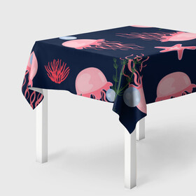 Скатерть 3D с принтом розовые медузы в Курске, 100% полиэстер (ткань не мнется и не растягивается) | Размер: 150*150 см | водоросли | медузы | морская звезда | морские жители | на глубине | розовые медузы
