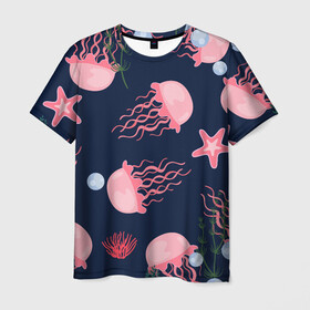 Мужская футболка 3D с принтом розовые медузы в Курске, 100% полиэфир | прямой крой, круглый вырез горловины, длина до линии бедер | Тематика изображения на принте: водоросли | медузы | морская звезда | морские жители | на глубине | розовые медузы