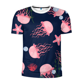 Мужская футболка 3D спортивная с принтом розовые медузы в Курске, 100% полиэстер с улучшенными характеристиками | приталенный силуэт, круглая горловина, широкие плечи, сужается к линии бедра | Тематика изображения на принте: водоросли | медузы | морская звезда | морские жители | на глубине | розовые медузы