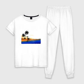 Женская пижама хлопок с принтом ПЛЯЖ в Курске, 100% хлопок | брюки и футболка прямого кроя, без карманов, на брюках мягкая резинка на поясе и по низу штанин | beach | ocean | palm trees | sea | summer | sun | sunset | vacation | закат | лето | море | океан | отдых | отпуск | пальмы | песок | пляж | солнце