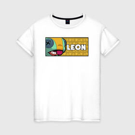Женская футболка хлопок с принтом LEON (ПЛАШКА) в Курске, 100% хлопок | прямой крой, круглый вырез горловины, длина до линии бедер, слегка спущенное плечо | android | brawl | brawl stars | clash | game | leon | stars | андроид | игра | леон | мобильные игры
