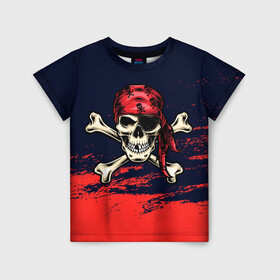 Детская футболка 3D с принтом Череп пират в Курске, 100% гипоаллергенный полиэфир | прямой крой, круглый вырез горловины, длина до линии бедер, чуть спущенное плечо, ткань немного тянется | арт | бандана | кости | море | пират | скелет | череп