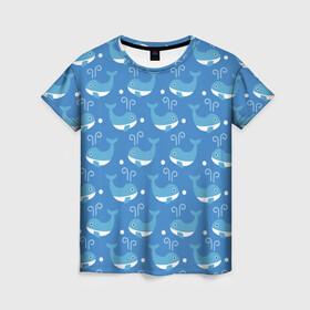 Женская футболка 3D с принтом Киты паттерн в Курске, 100% полиэфир ( синтетическое хлопкоподобное полотно) | прямой крой, круглый вырез горловины, длина до линии бедер | whale | бесшовный | кит | киты | море | океан | паттерн