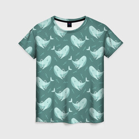 Женская футболка 3D с принтом Киты в Курске, 100% полиэфир ( синтетическое хлопкоподобное полотно) | прямой крой, круглый вырез горловины, длина до линии бедер | whale | кит | киты | море | океан | паттерн