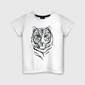 Детская футболка хлопок с принтом Белый тигр в Курске, 100% хлопок | круглый вырез горловины, полуприлегающий силуэт, длина до линии бедер | Тематика изображения на принте: альфа | белый | дикие | дикий | животные | звери | зверь | кот | котик | крутой | полоски | принт | природа | самец | тигр | тигриныйкрасивый