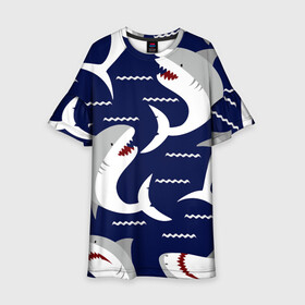 Детское платье 3D с принтом Акулы в Курске, 100% полиэстер | прямой силуэт, чуть расширенный к низу. Круглая горловина, на рукавах — воланы | shark | акула | акуленок | акулы | жители | клыки | море | морские | океан | рыба | черные