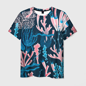 Мужская футболка 3D с принтом Подводный мир в Курске, 100% полиэфир | прямой крой, круглый вырез горловины, длина до линии бедер | colorful | coral | deep | sea | seamless | seaweed | водоросли | глубокий | коралл | красочный | паттерн | подводный мир