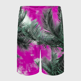 Детские спортивные шорты 3D Palms Glitch: в Курске,  100% полиэстер
 | пояс оформлен широкой мягкой резинкой, ткань тянется
 | Тематика изображения на принте: glitch | palms | sky | trees | tropics