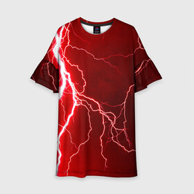 Детское платье 3D с принтом Red Lightning в Курске, 100% полиэстер | прямой силуэт, чуть расширенный к низу. Круглая горловина, на рукавах — воланы | Тематика изображения на принте: energy | fire | lightning | storm | thunder