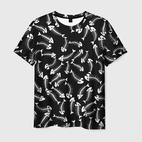 Мужская футболка 3D с принтом Fishbones в Курске, 100% полиэфир | прямой крой, круглый вырез горловины, длина до линии бедер | bone | fish | fishbone | дохлая рыба | кости | кость | море | паттерн | рыбий скелет | рыбки | рыбы | скелет