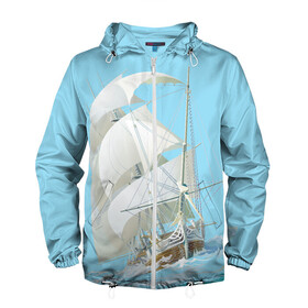 Мужская ветровка 3D с принтом The white wanderer в Курске, 100% полиэстер | подол и капюшон оформлены резинкой с фиксаторами, два кармана без застежек по бокам, один потайной карман на груди | ocean | sea | ship | волны | океан | парусник