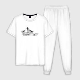 Мужская пижама хлопок с принтом БУМАЖНЫЙ КОРАБЛИК | PAPER BOAT (Z) в Курске, 100% хлопок | брюки и футболка прямого кроя, без карманов, на брюках мягкая резинка на поясе и по низу штанин
 | origami | paper boat | ship | ships | бумага | кораблик | кораблики | кораблики на белом | корабль | мореход | одинокая лодка | оригами | самоделка | судно | яхта