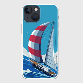 Чехол для iPhone 13 mini с принтом ПАРУСНИК В МОРЕ | ЛЮБЛЮ МОРЕ (Z) в Курске,  |  | boat | sailboat | ship | ships | в море | кораблик | кораблики | корабль | красный парус | лодка | лодочка на синем | люблю море | море | мореход | одинокая лодка | океан | оригами | парус | парусник | судно | яхта