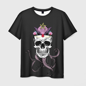 Мужская футболка 3D с принтом Octo-Queen в Курске, 100% полиэфир | прямой крой, круглый вырез горловины, длина до линии бедер | Тематика изображения на принте: abyss | crown | depth | ocean | octopus | queen | sea | shell | skull | water | вода | глубина | королева | корона | море | океан | осьминог | пучина | ракушка | череп