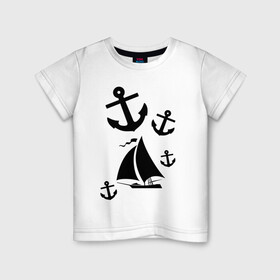 Детская футболка хлопок с принтом Яхта в Курске, 100% хлопок | круглый вырез горловины, полуприлегающий силуэт, длина до линии бедер | корабль | паруса | парусник | судно | якорь | яхта