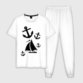 Мужская пижама хлопок с принтом Яхта в Курске, 100% хлопок | брюки и футболка прямого кроя, без карманов, на брюках мягкая резинка на поясе и по низу штанин
 | корабль | паруса | парусник | судно | якорь | яхта