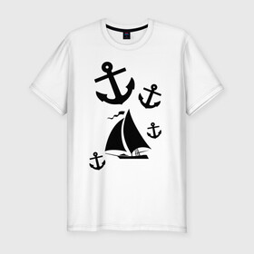 Мужская футболка хлопок Slim с принтом Яхта в Курске, 92% хлопок, 8% лайкра | приталенный силуэт, круглый вырез ворота, длина до линии бедра, короткий рукав | Тематика изображения на принте: корабль | паруса | парусник | судно | якорь | яхта