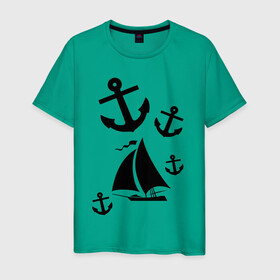 Мужская футболка хлопок с принтом Яхта в Курске, 100% хлопок | прямой крой, круглый вырез горловины, длина до линии бедер, слегка спущенное плечо. | корабль | паруса | парусник | судно | якорь | яхта
