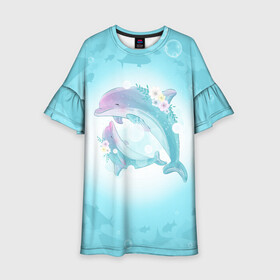 Детское платье 3D с принтом Два дельфина в Курске, 100% полиэстер | прямой силуэт, чуть расширенный к низу. Круглая горловина, на рукавах — воланы | Тематика изображения на принте: cute | dolphin | два дельфина | дельфин | дельфин в море | дельфинами | милый | мир | подводный