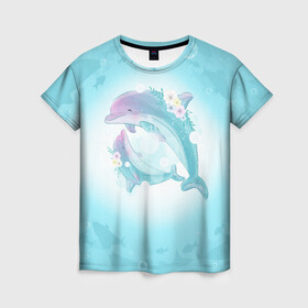 Женская футболка 3D с принтом Два дельфина в Курске, 100% полиэфир ( синтетическое хлопкоподобное полотно) | прямой крой, круглый вырез горловины, длина до линии бедер | cute | dolphin | два дельфина | дельфин | дельфин в море | дельфинами | милый | мир | подводный