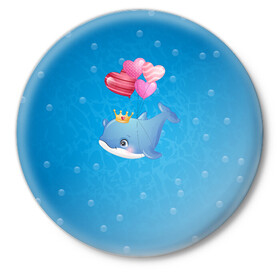 Значок с принтом Дельфин с воздушными шариками в Курске,  металл | круглая форма, металлическая застежка в виде булавки | cute | dolphin | два дельфина | дельфин | дельфин в море | дельфинами | милый | мир | подводный