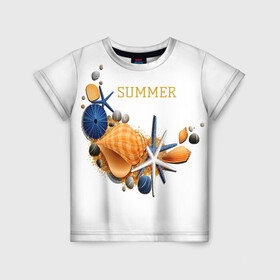 Детская футболка 3D с принтом Summer в Курске, 100% гипоаллергенный полиэфир | прямой крой, круглый вырез горловины, длина до линии бедер, чуть спущенное плечо, ткань немного тянется | summer | лето | морская звезда | надписи о лете | популярные иллюстрации | ракушки