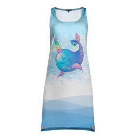 Платье-майка 3D с принтом Дельфин единорог в Курске, 100% полиэстер | полуприлегающий силуэт, широкие бретели, круглый вырез горловины, удлиненный подол сзади. | cute | dolphin | unicorn | два дельфина | дельфин | дельфин в море | дельфинами | единорог | милый | мир | подводный