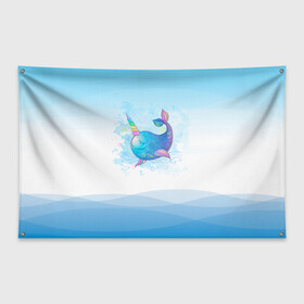Флаг-баннер с принтом Дельфин единорог в Курске, 100% полиэстер | размер 67 х 109 см, плотность ткани — 95 г/м2; по краям флага есть четыре люверса для крепления | cute | dolphin | unicorn | два дельфина | дельфин | дельфин в море | дельфинами | единорог | милый | мир | подводный