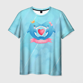 Мужская футболка 3D с принтом Два дельфина. I love you в Курске, 100% полиэфир | прямой крой, круглый вырез горловины, длина до линии бедер | cute | dolphin | i love you | два дельфина | дельфин | дельфин в море | дельфинами | любовь | милый | мир | подводный