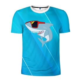 Мужская футболка 3D спортивная с принтом Акула в очках в Курске, 100% полиэстер с улучшенными характеристиками | приталенный силуэт, круглая горловина, широкие плечи, сужается к линии бедра | Тематика изображения на принте: shark | акула | акуленок | акулы | жители | клыки | море | морские | океан | очки | рыба | черные