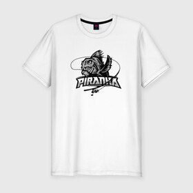 Мужская футболка хлопок Slim с принтом Пиранья в Курске, 92% хлопок, 8% лайкра | приталенный силуэт, круглый вырез ворота, длина до линии бедра, короткий рукав | black and white | black fish | fish | piranha | море | океан | пиранья | рыбка | с надписями | удочка | черная рыба